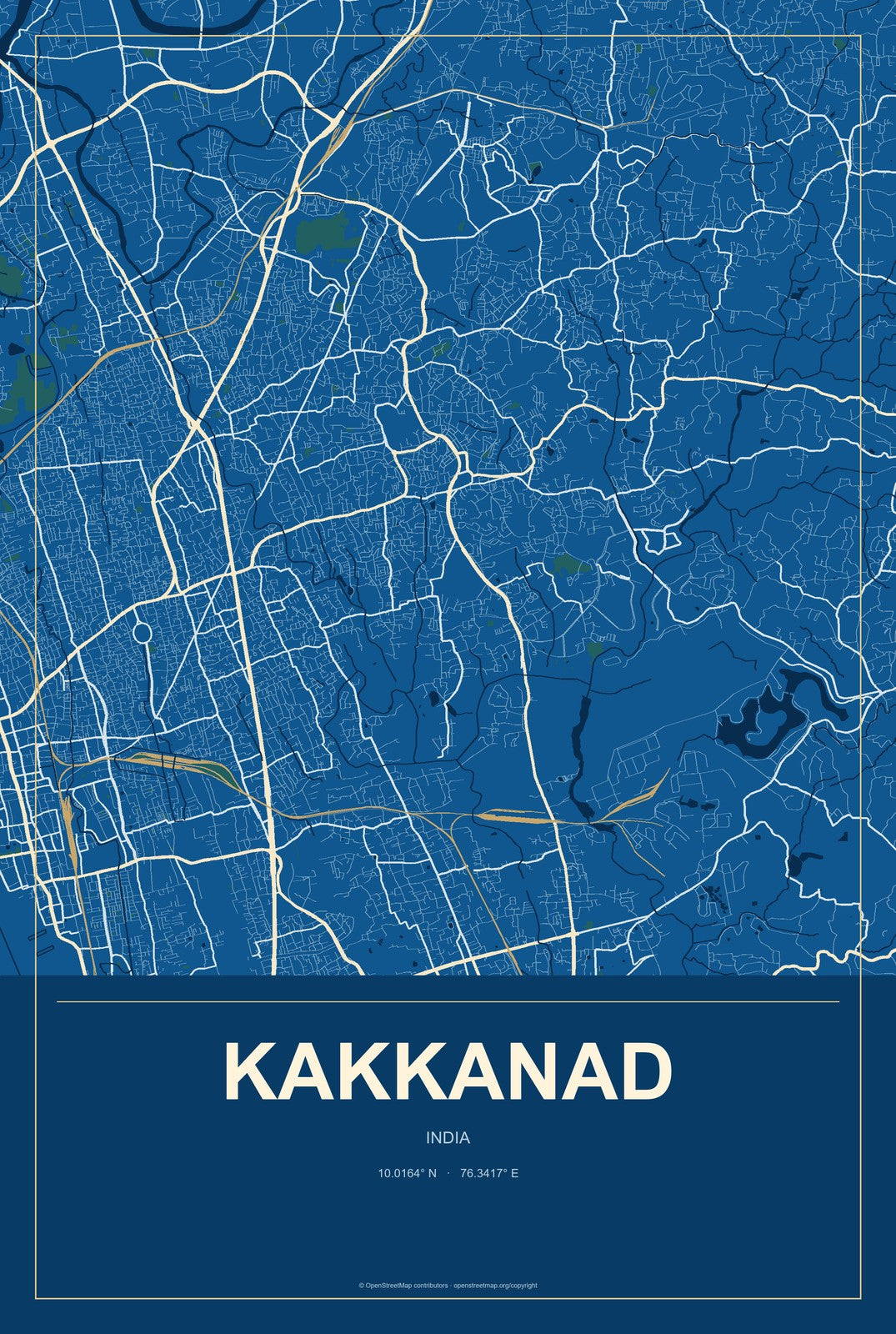 Kakkanad, India City Map Aluminum Sign in Harbor Cobalt style