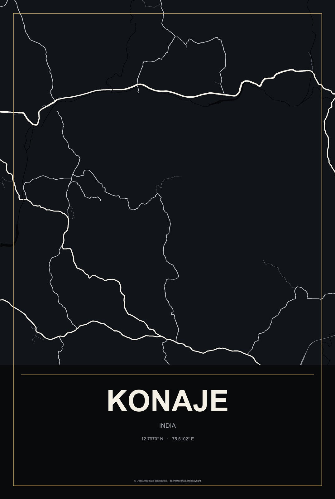 Konaje, India City Map Aluminum Sign in Metropolitan Noir style