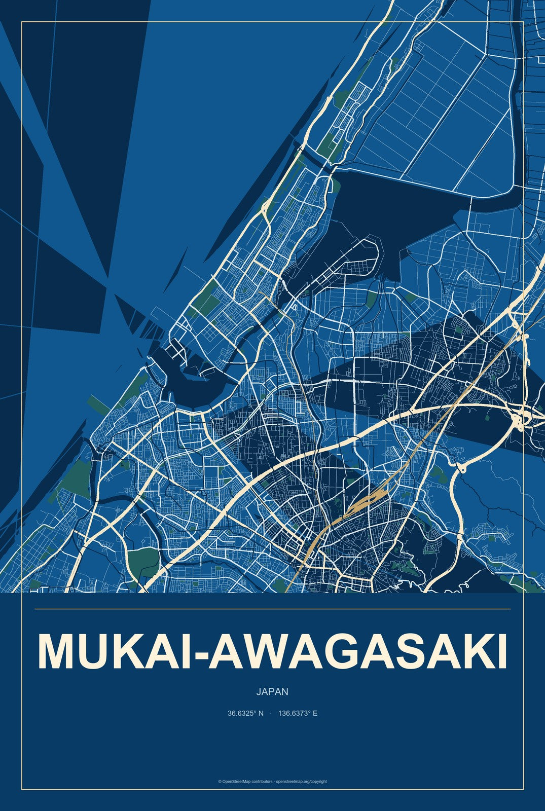 Mukai-awagasaki, Japan City Map Aluminum Sign in Harbor Cobalt style