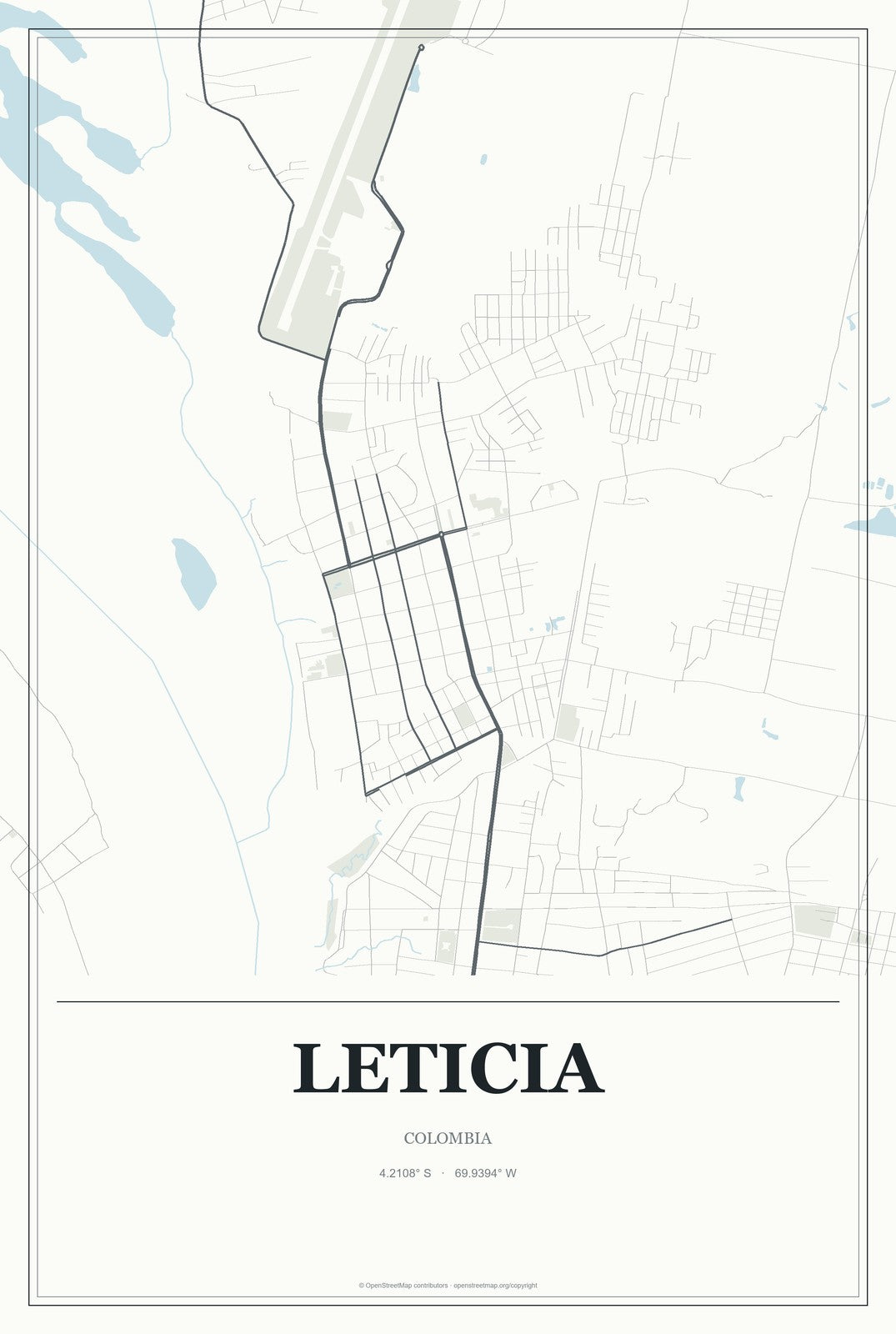 Leticia, Colombia City Map Aluminum Sign in Gallery Air style