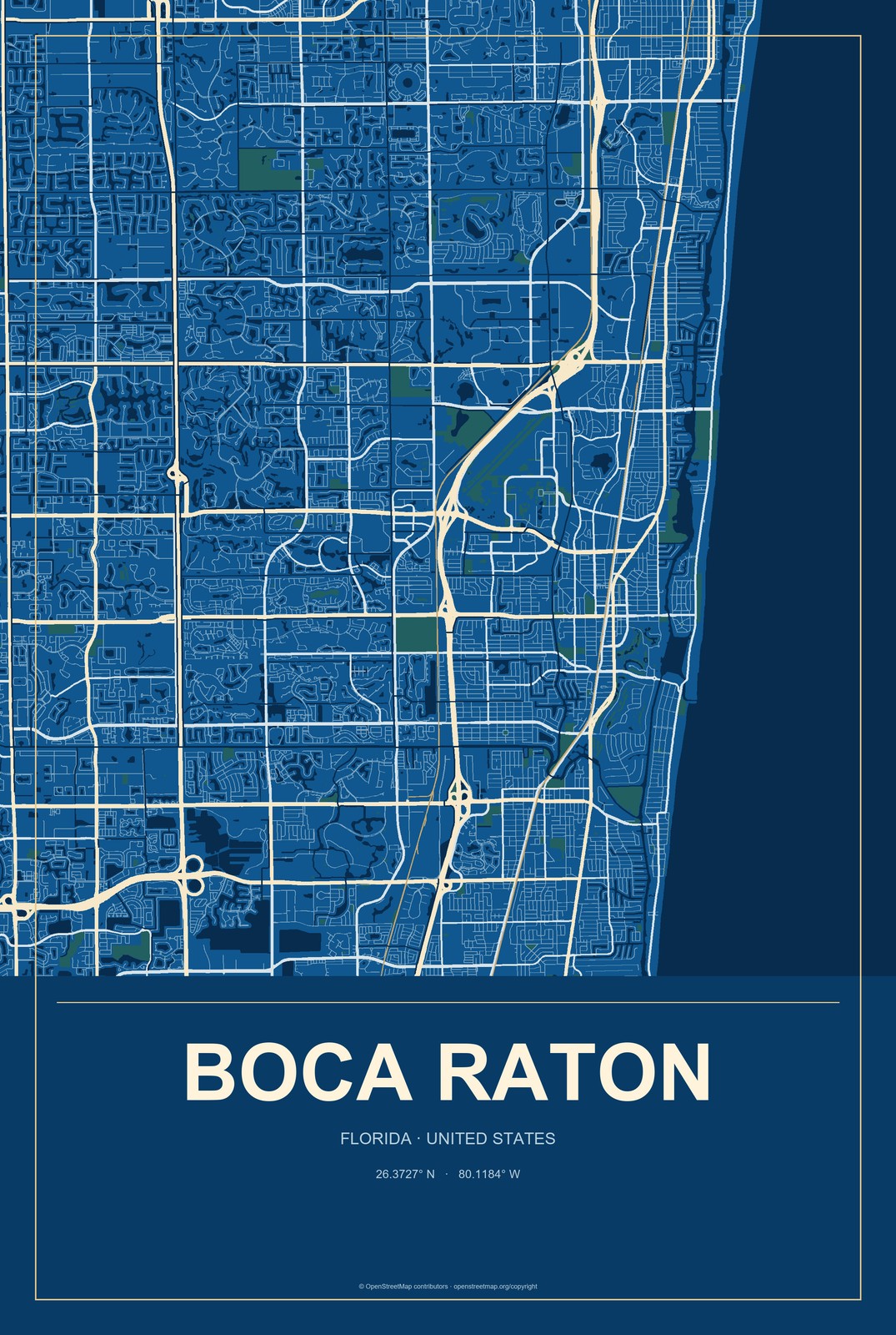 Boca Raton, Florida City Map Aluminum Sign in Harbor Cobalt style