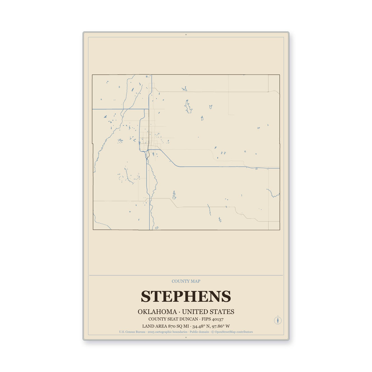 Stephens County, Oklahoma Map Aluminum Sign in Heritage Nautical style