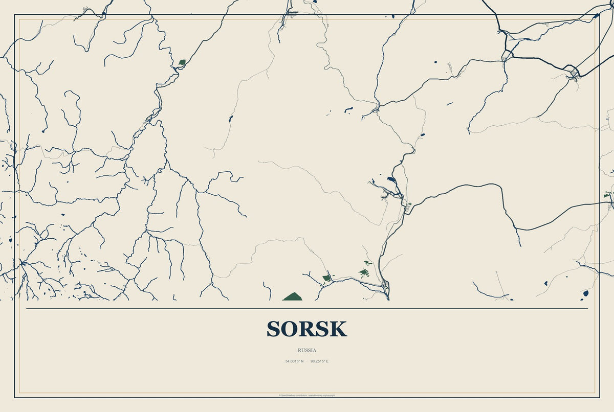 Sorsk, Russia City Map Aluminum Sign in Coastal Cutout style