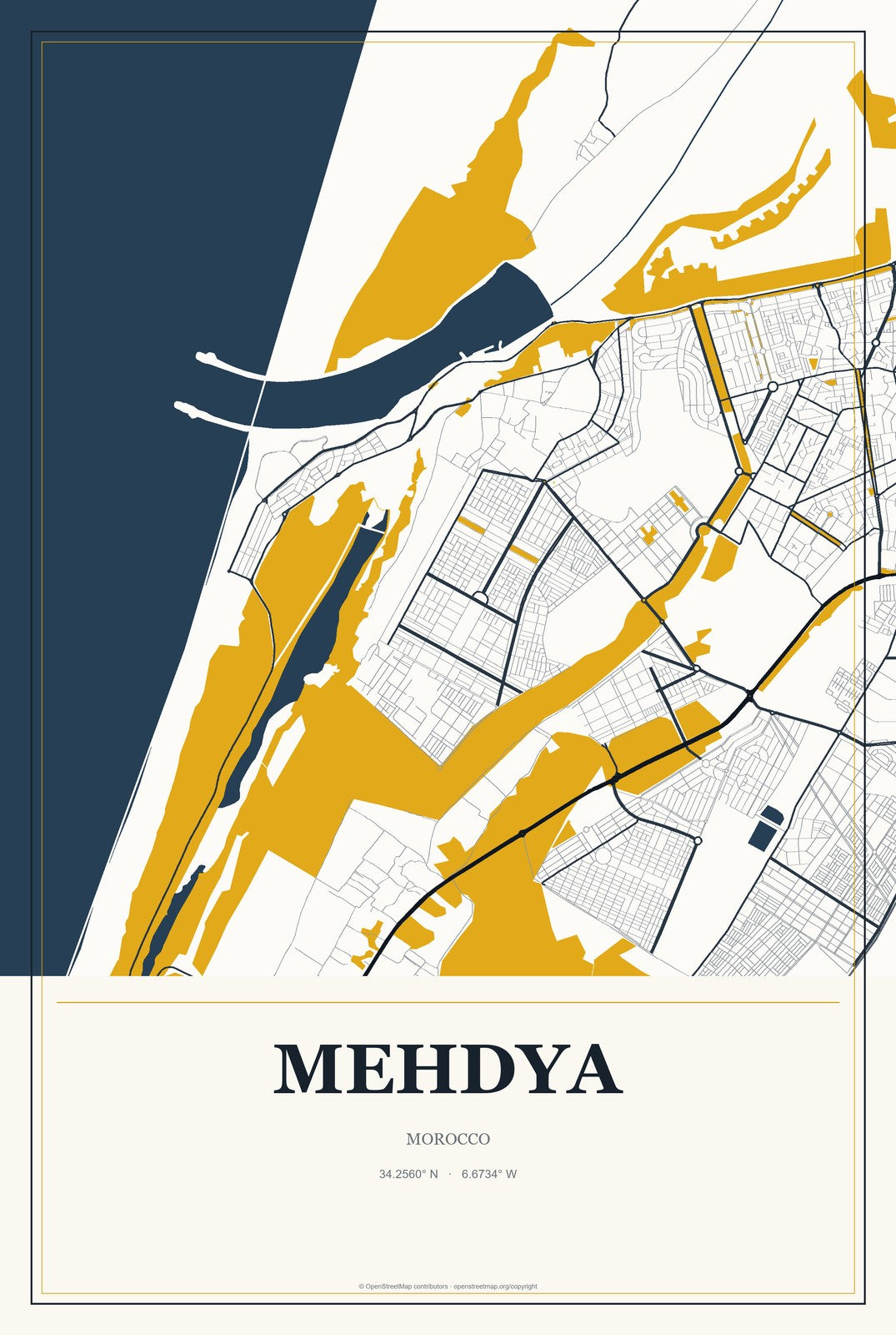 Mehdya, Morocco City Map Aluminum Sign in Citrine Modern style