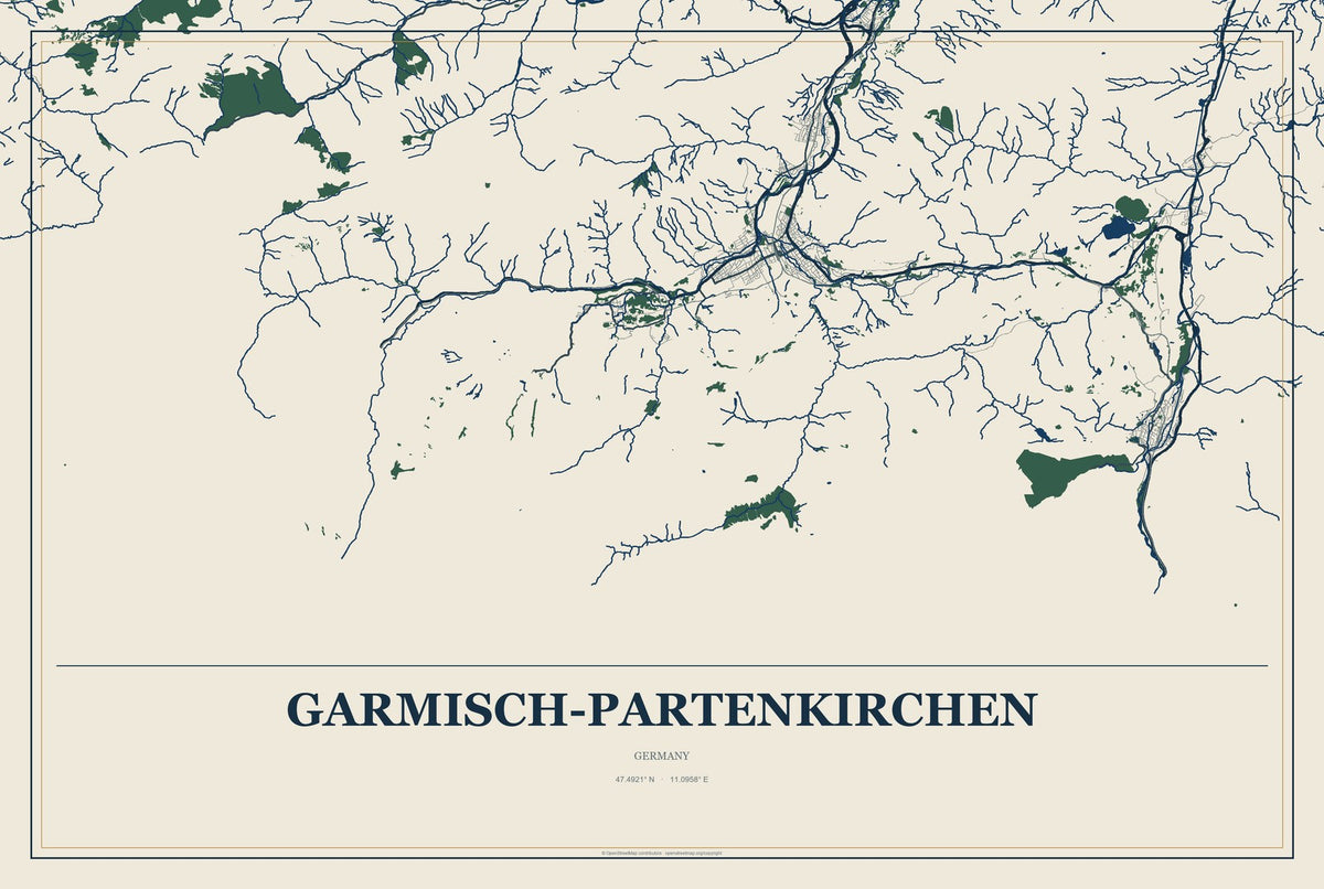 Garmisch-Partenkirchen, Germany City Map Aluminum Sign in Coastal Cutout style