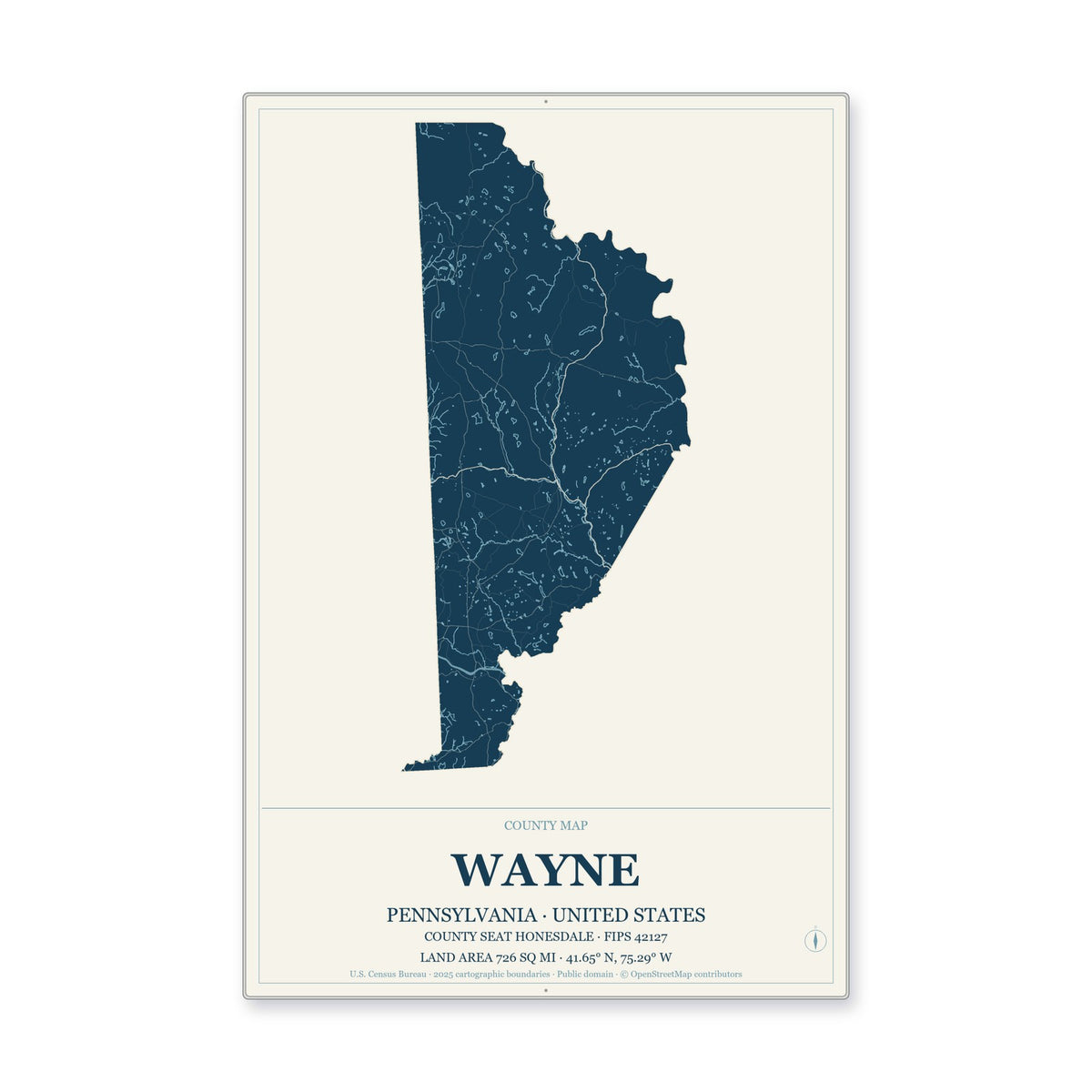 Wayne County, Pennsylvania Map Aluminum Sign in Coastal Cutout style