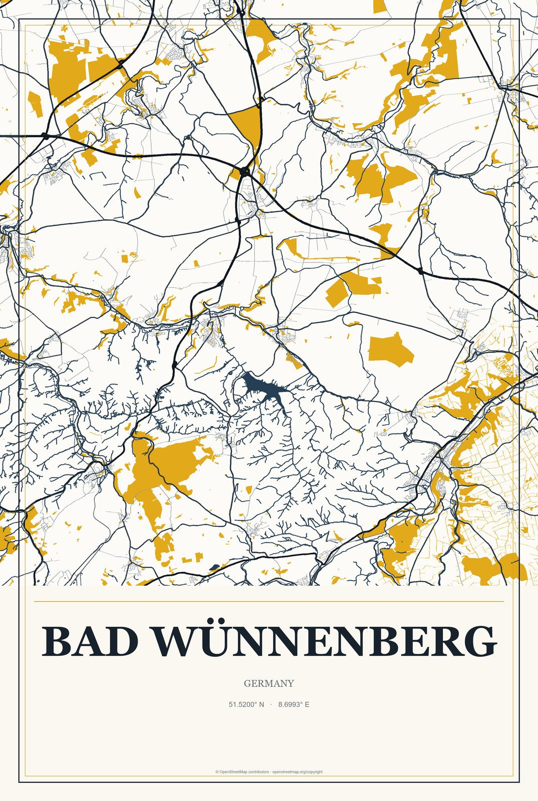 Bad Wünnenberg, Germany City Map Aluminum Sign in Citrine Modern style