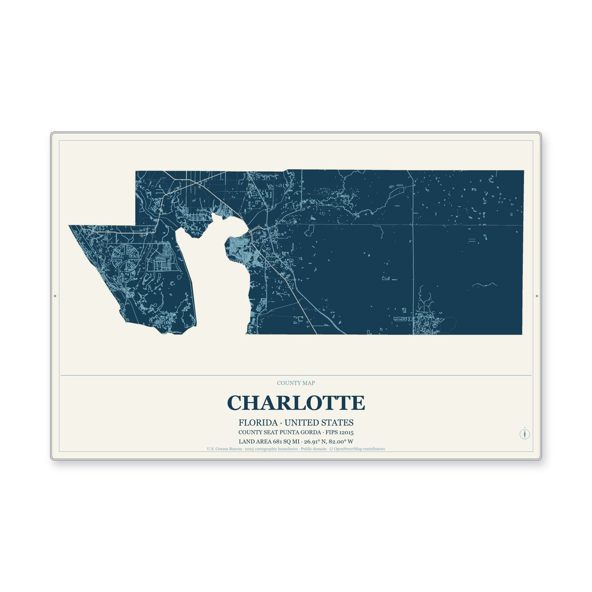Charlotte County, Florida Map Aluminum Sign in Coastal Cutout style