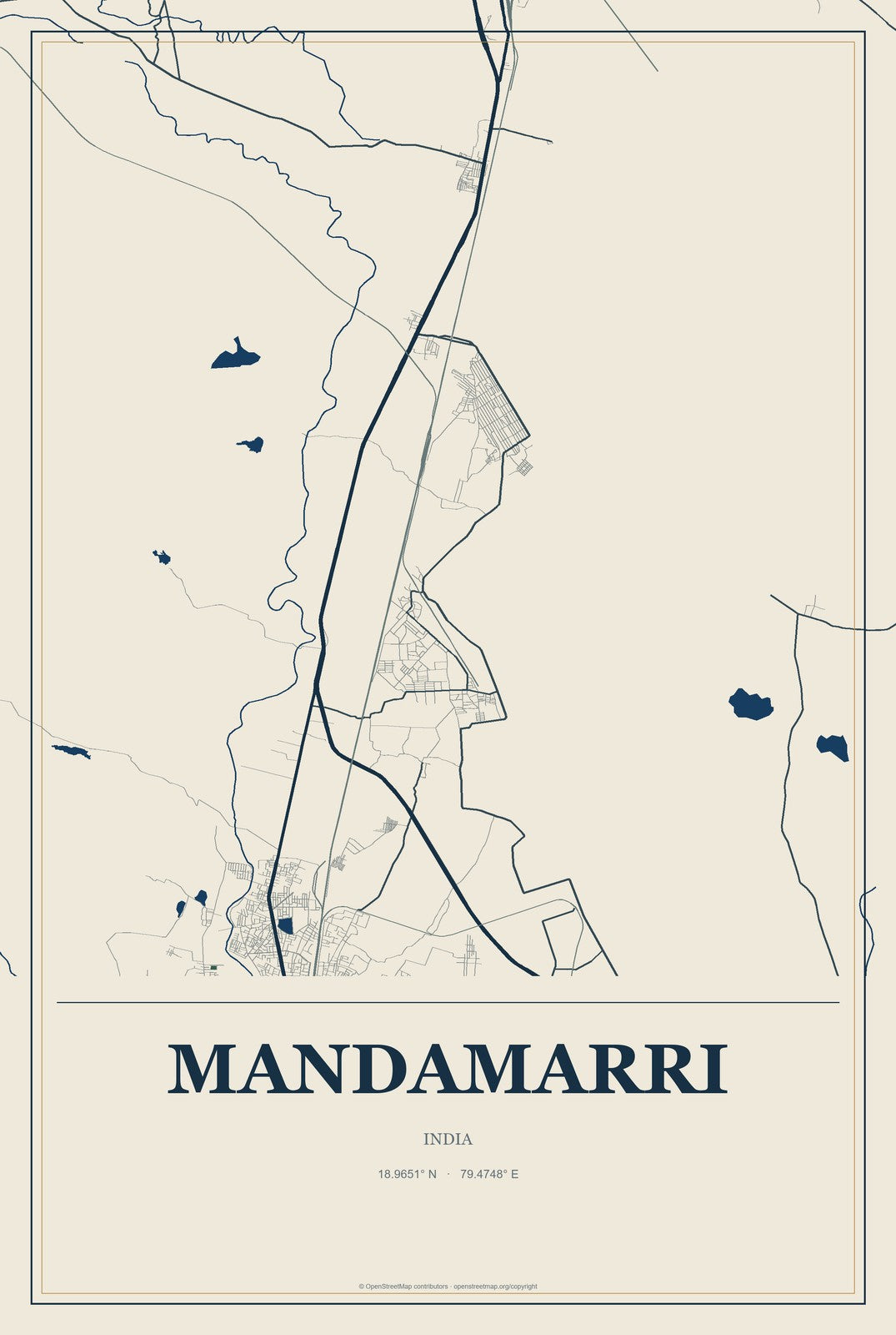 Mandamarri, India City Map Aluminum Sign in Coastal Cutout style