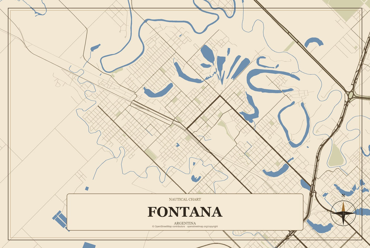 Fontana, Argentina City Map Aluminum Sign in Heritage Nautical style