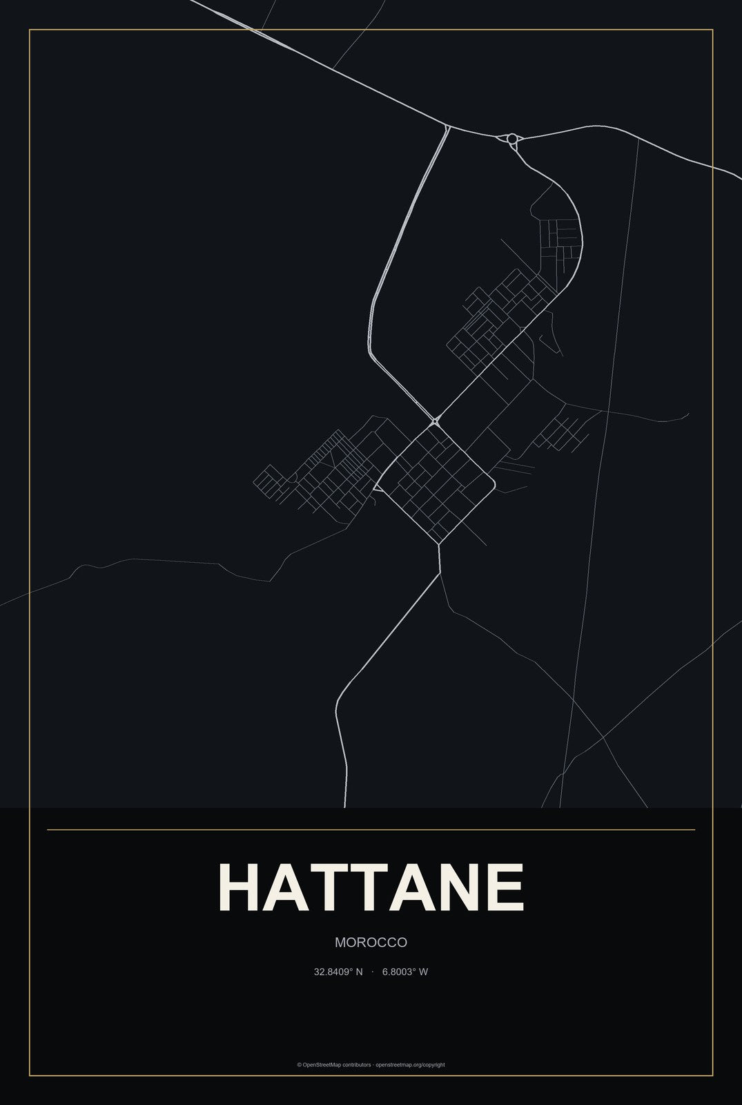 Hattane, Morocco City Map Aluminum Sign in Metropolitan Noir style