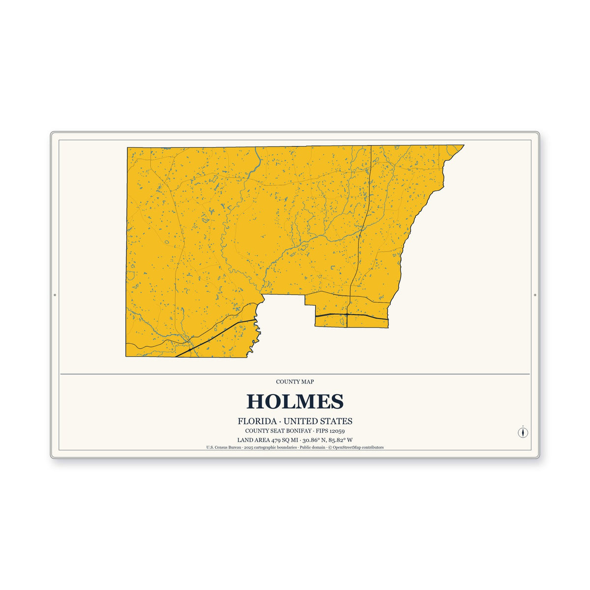 Holmes County, Florida Map Aluminum Sign in Citrine Modern style