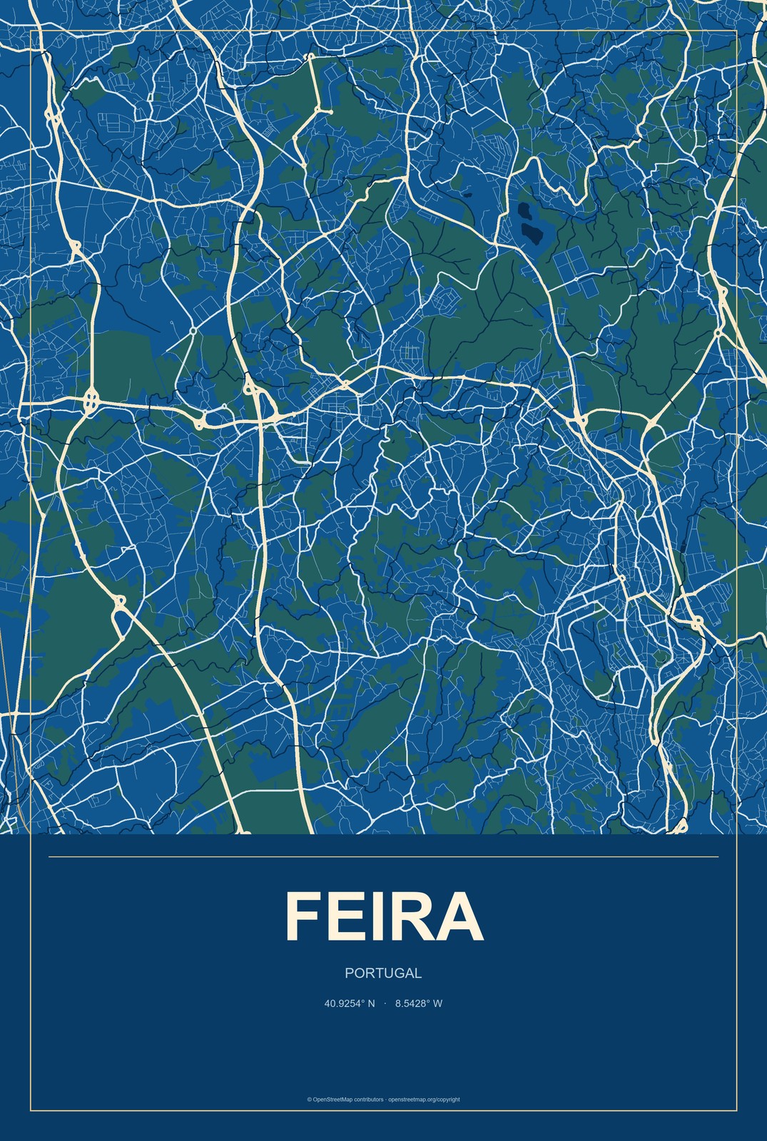 Feira, Portugal City Map Aluminum Sign in Harbor Cobalt style