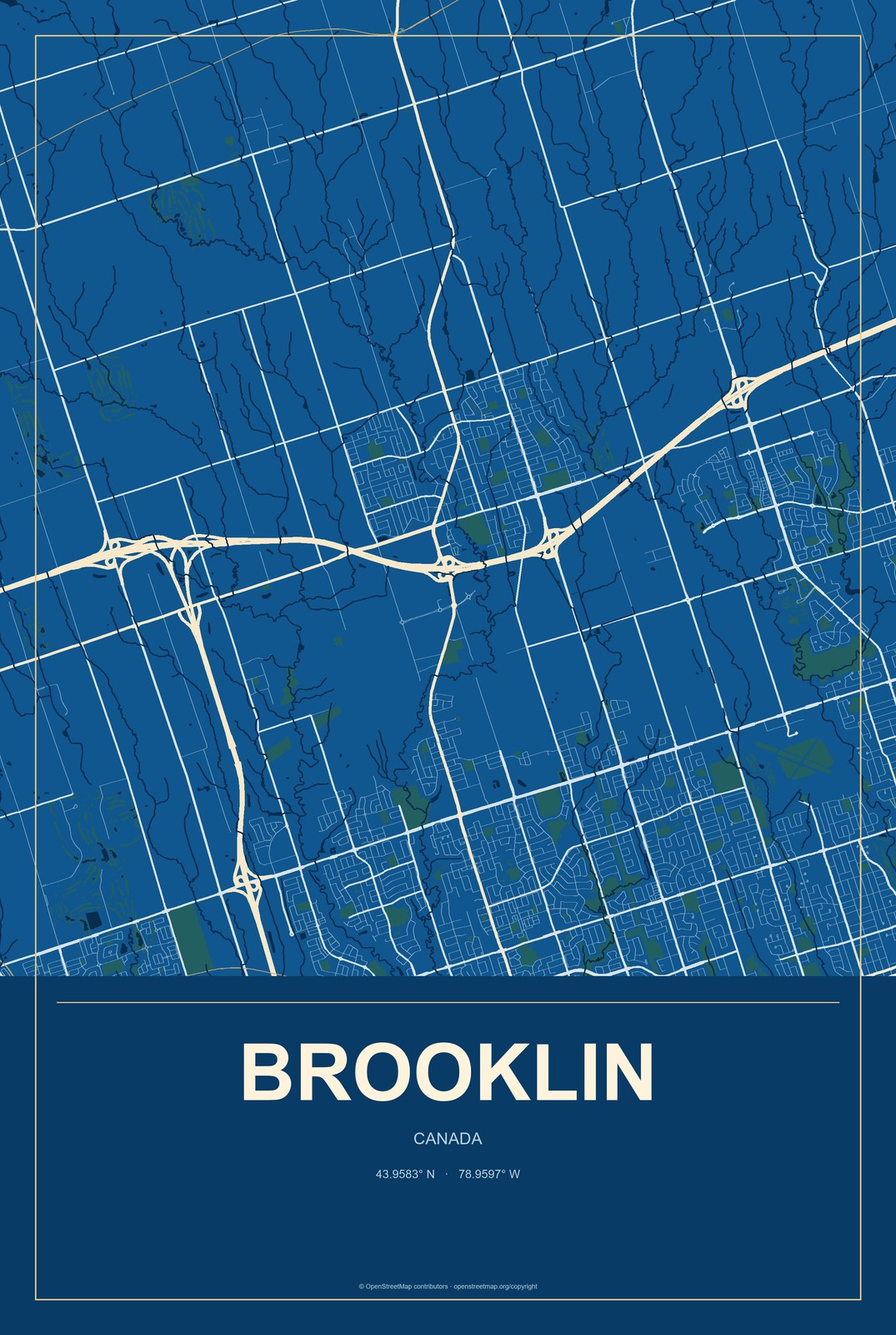 Brooklin, Canada City Map Aluminum Sign in Harbor Cobalt style