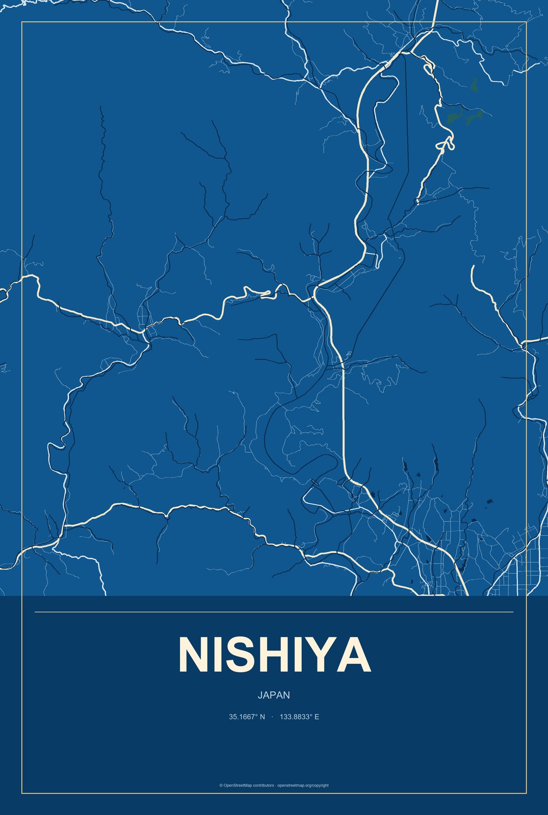 Nishiya, Japan City Map Aluminum Sign in Harbor Cobalt style
