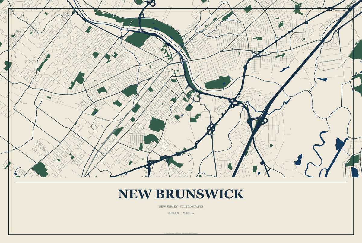 New Brunswick, New Jersey City Map Aluminum Sign in Coastal Cutout style