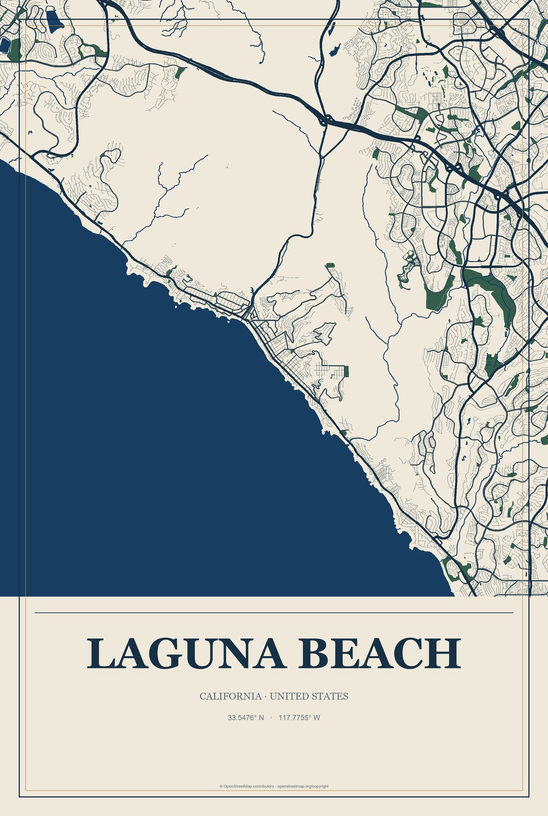 Laguna Beach, California City Map Aluminum Sign in Coastal Cutout style