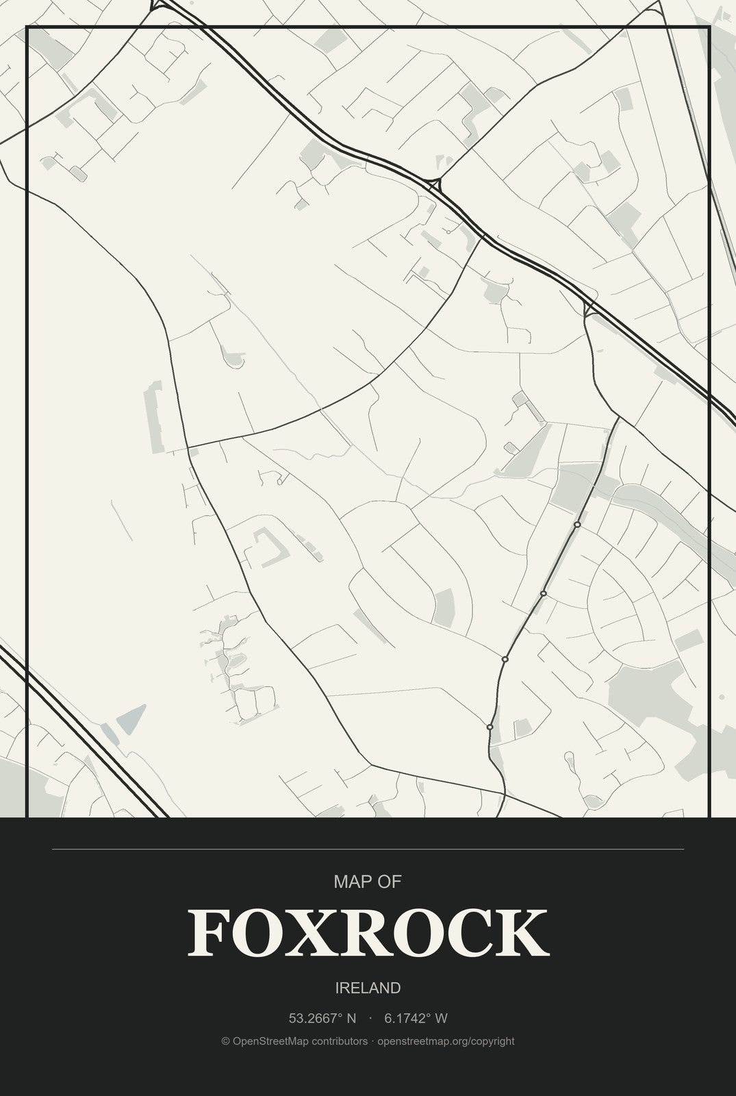 Foxrock, Ireland City Map Aluminum Sign in Museum Plaque style