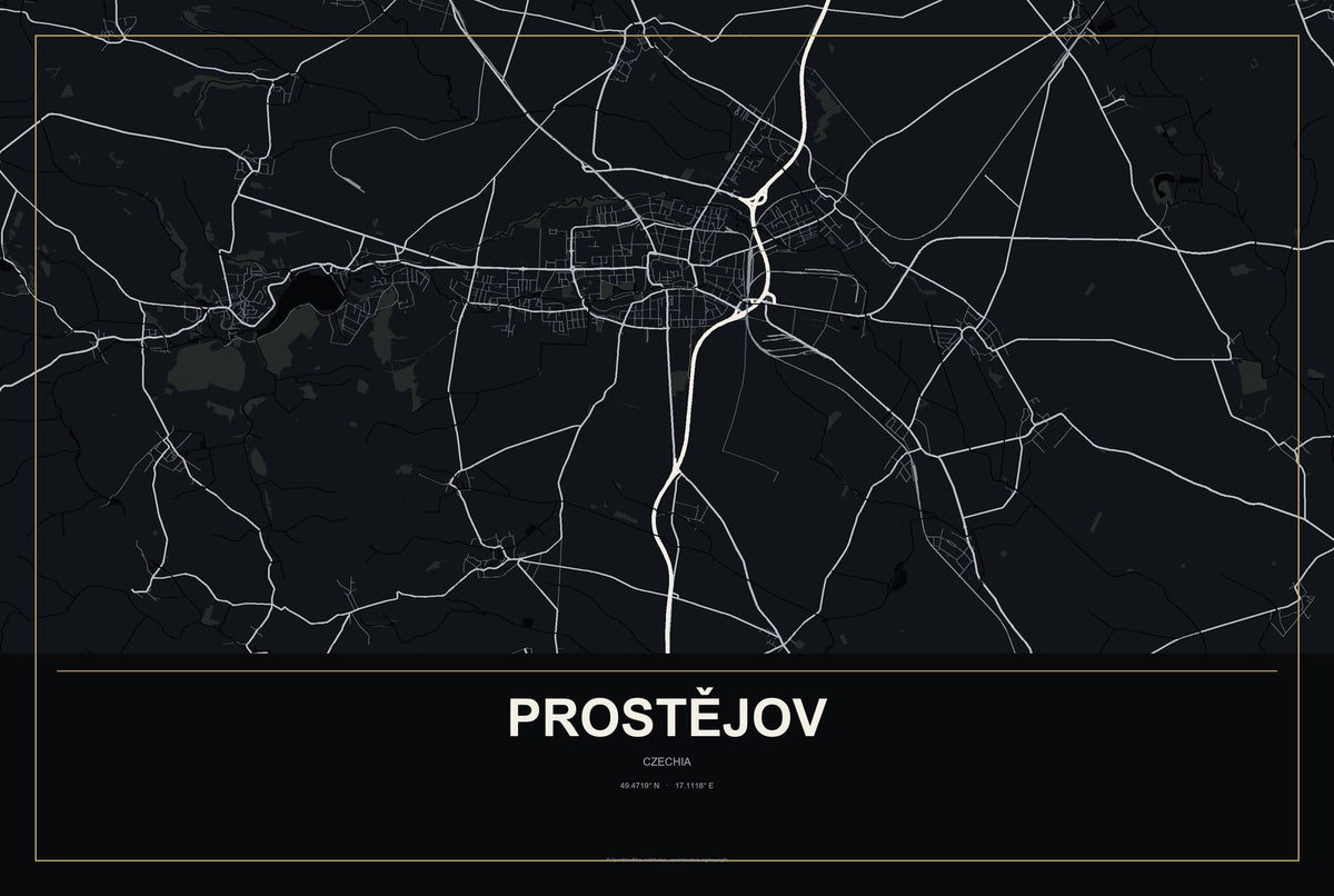 Prostějov, Czechia City Map Aluminum Sign in Metropolitan Noir style