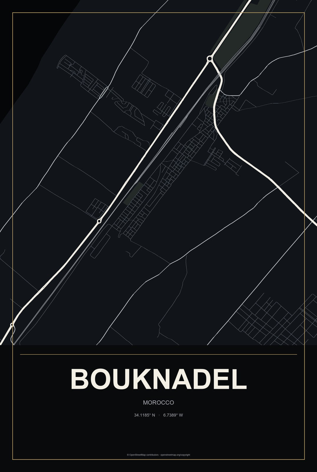Bouknadel, Morocco City Map Aluminum Sign in Metropolitan Noir style