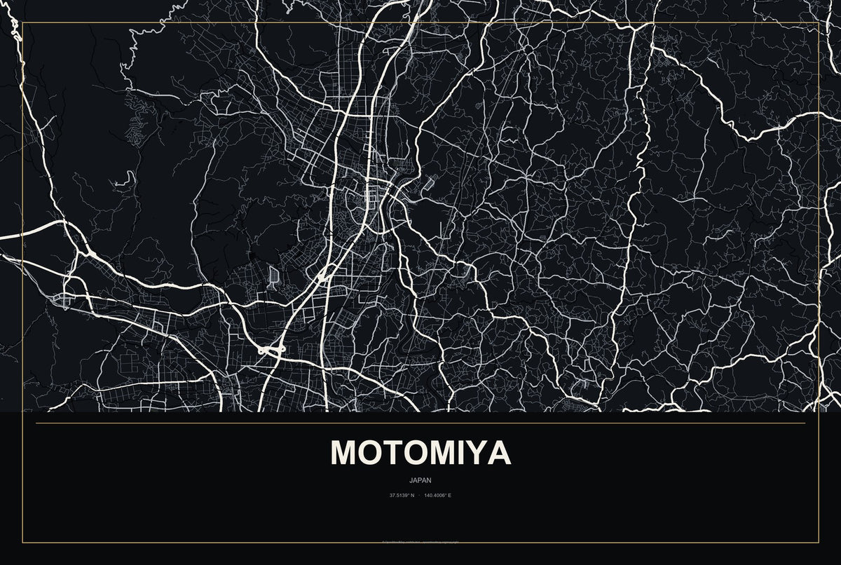Motomiya, Japan City Map Aluminum Sign in Metropolitan Noir style
