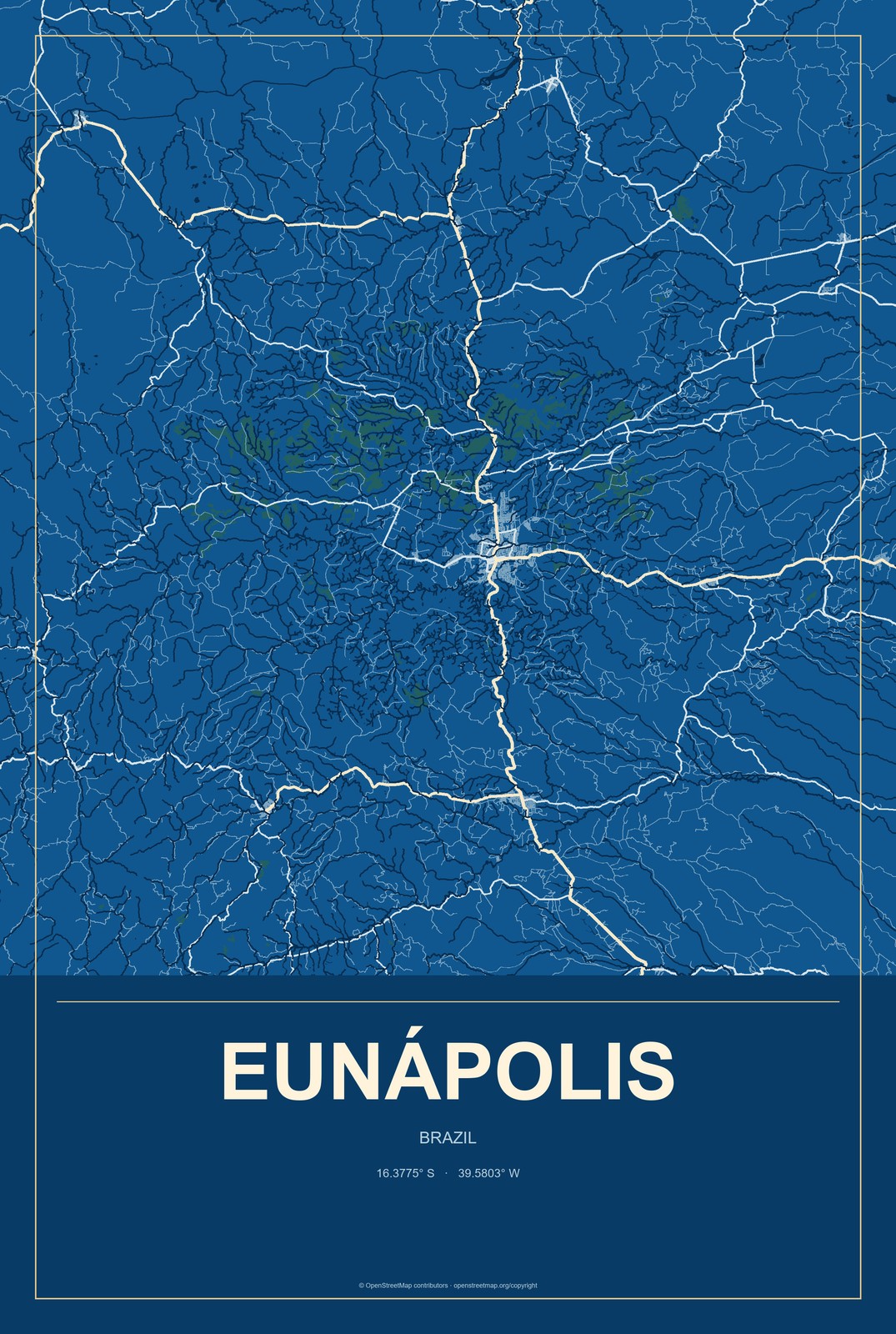 Eunápolis, Brazil City Map Aluminum Sign in Harbor Cobalt style
