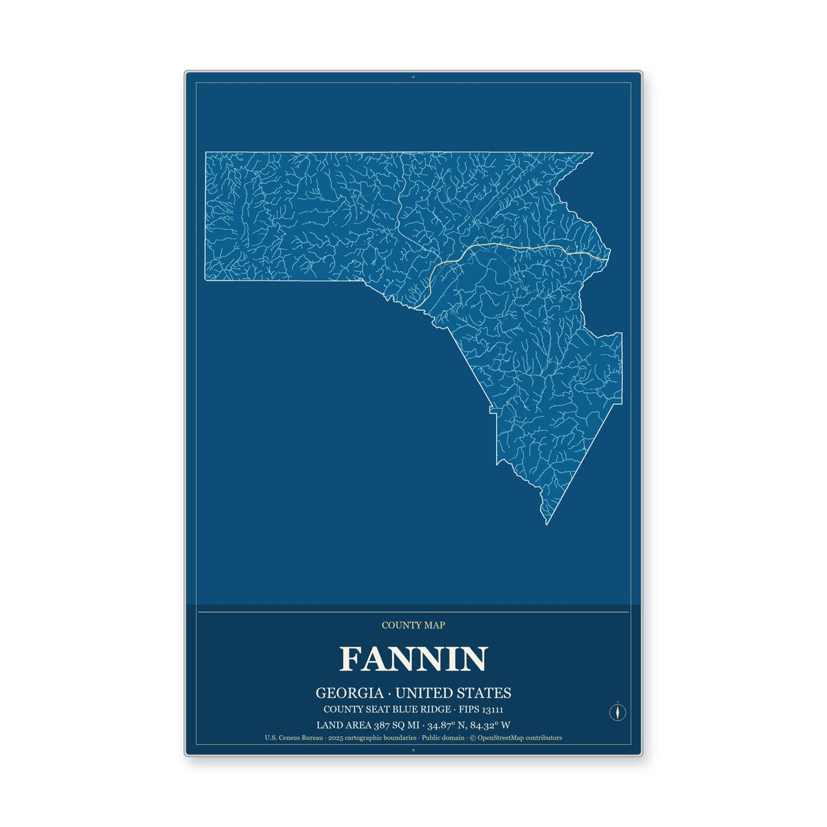 Fannin County, Georgia Map Aluminum Sign in Harbor Cobalt style