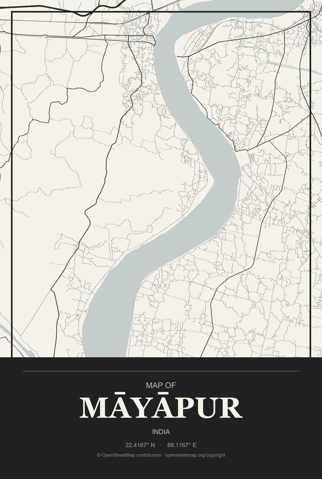 Māyāpur, India City Map Aluminum Sign in Museum Plaque style