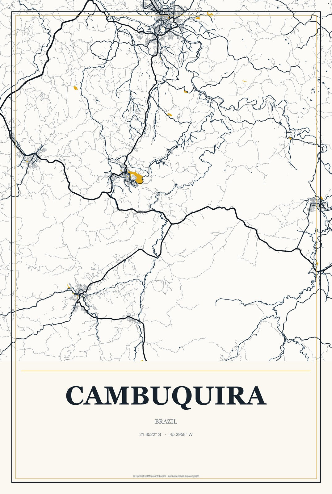 Cambuquira, Brazil City Map Aluminum Sign in Citrine Modern style