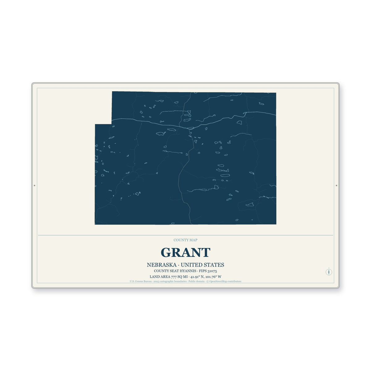 Grant County, Nebraska Map Aluminum Sign in Coastal Cutout style