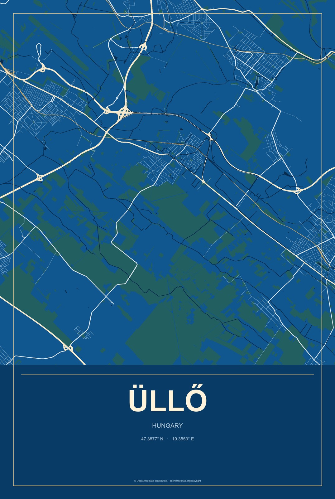 Üllő, Hungary City Map Aluminum Sign in Harbor Cobalt style