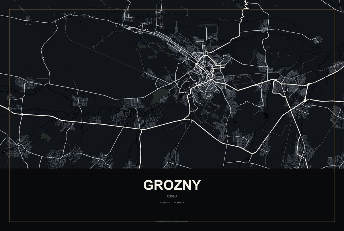 Grozny, Russia City Map Aluminum Sign in Metropolitan Noir style