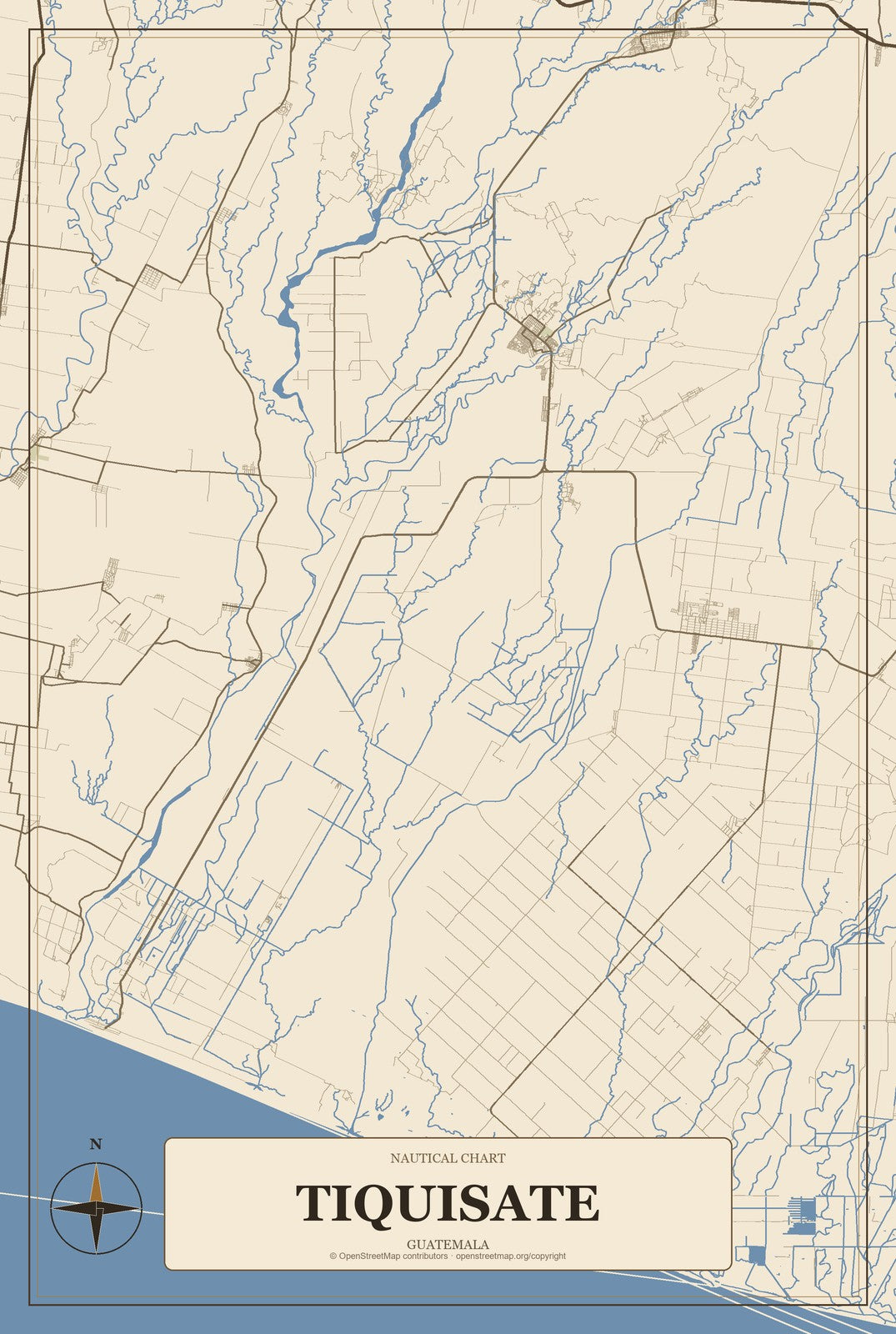 Tiquisate, Guatemala City Map Aluminum Sign in Heritage Nautical style