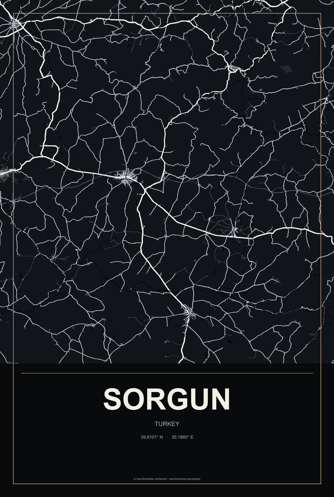 Sorgun, Turkey City Map Aluminum Sign in Metropolitan Noir style