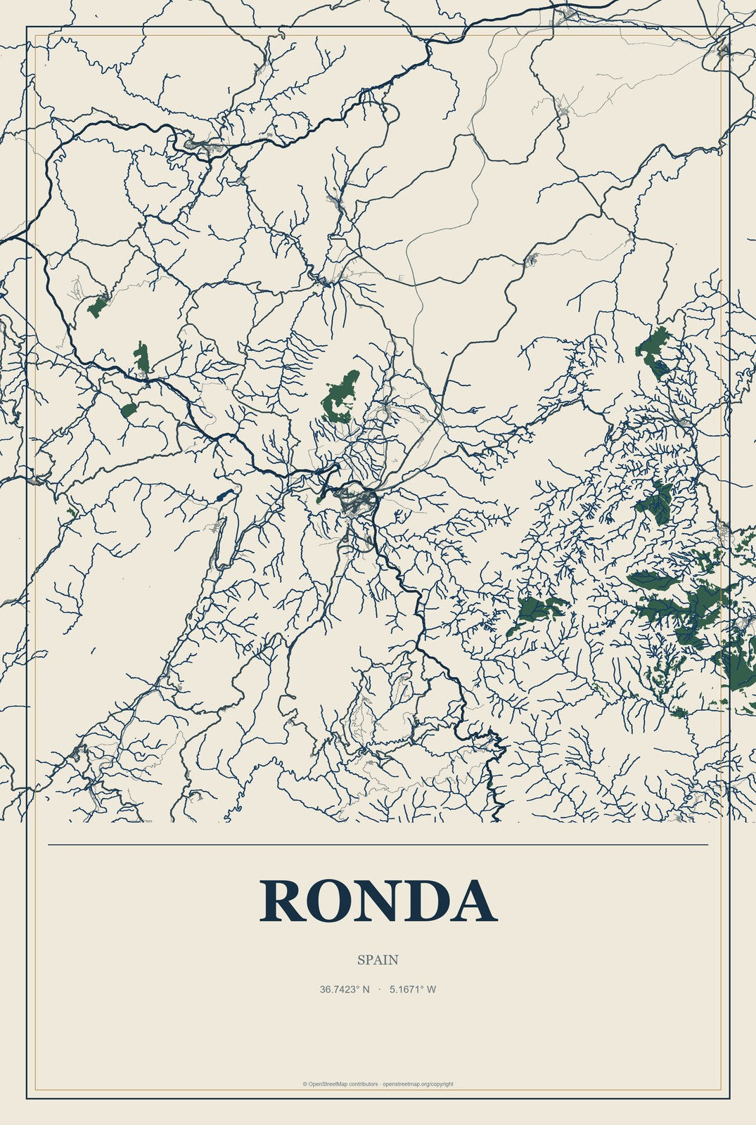 Ronda, Spain City Map Aluminum Sign in Coastal Cutout style