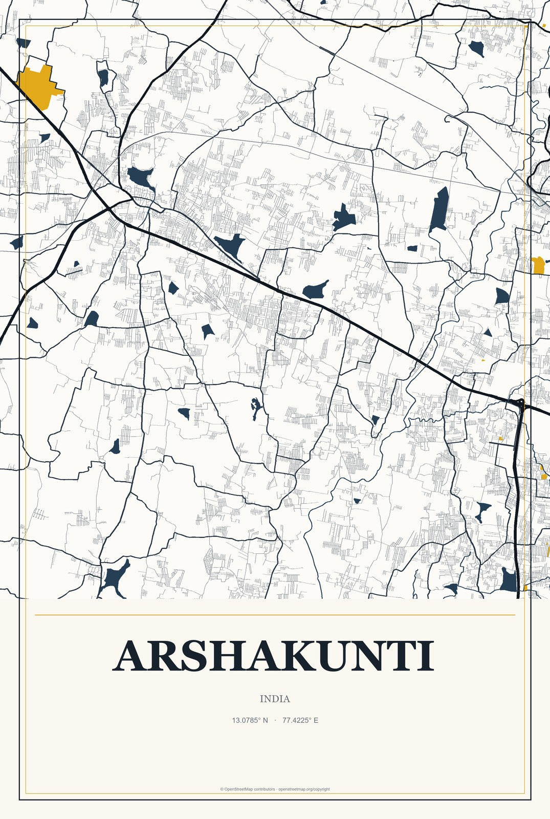 Arshakunti, India City Map Aluminum Sign in Citrine Modern style