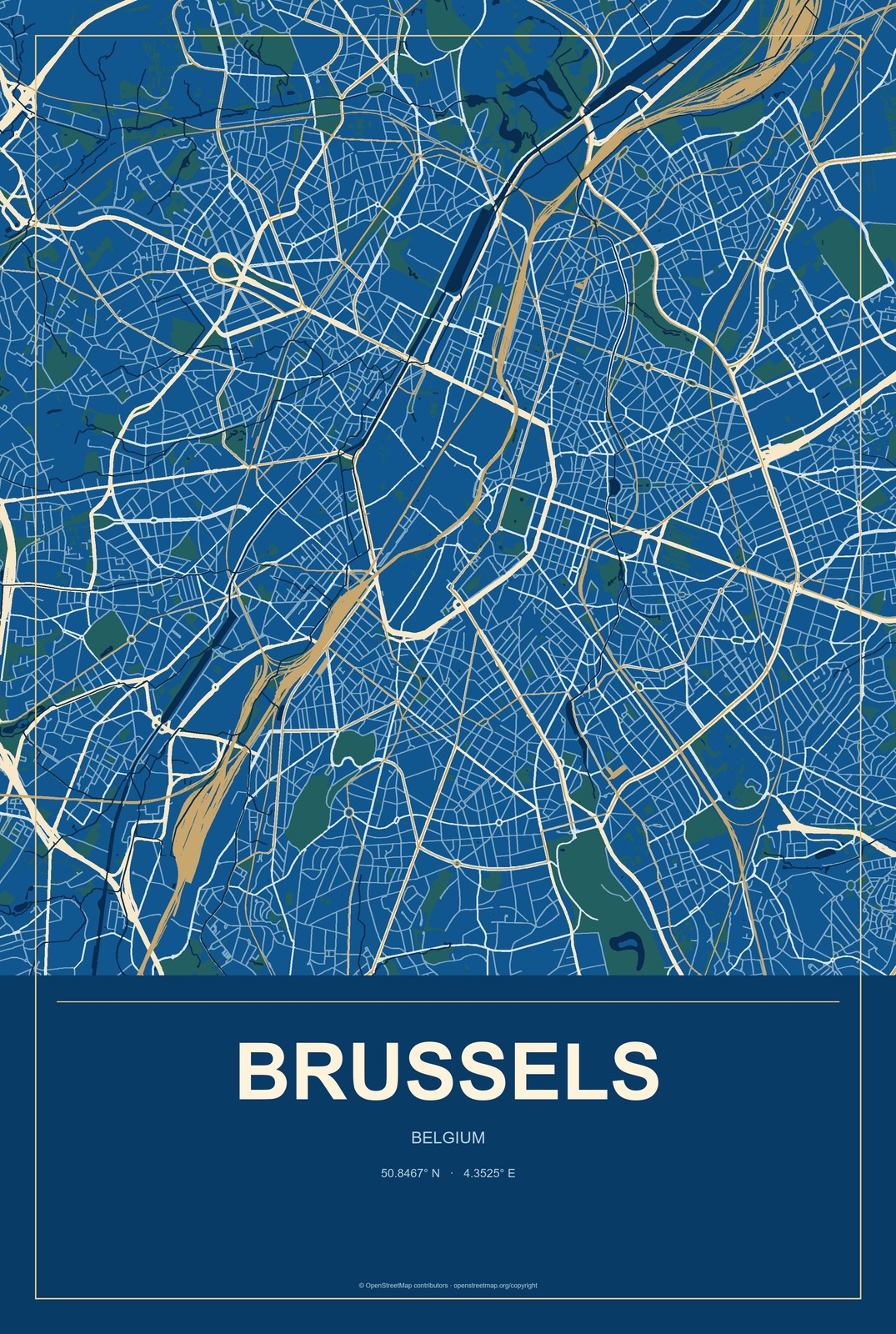 Brussels, Belgium City Map Aluminum Sign in Harbor Cobalt style
