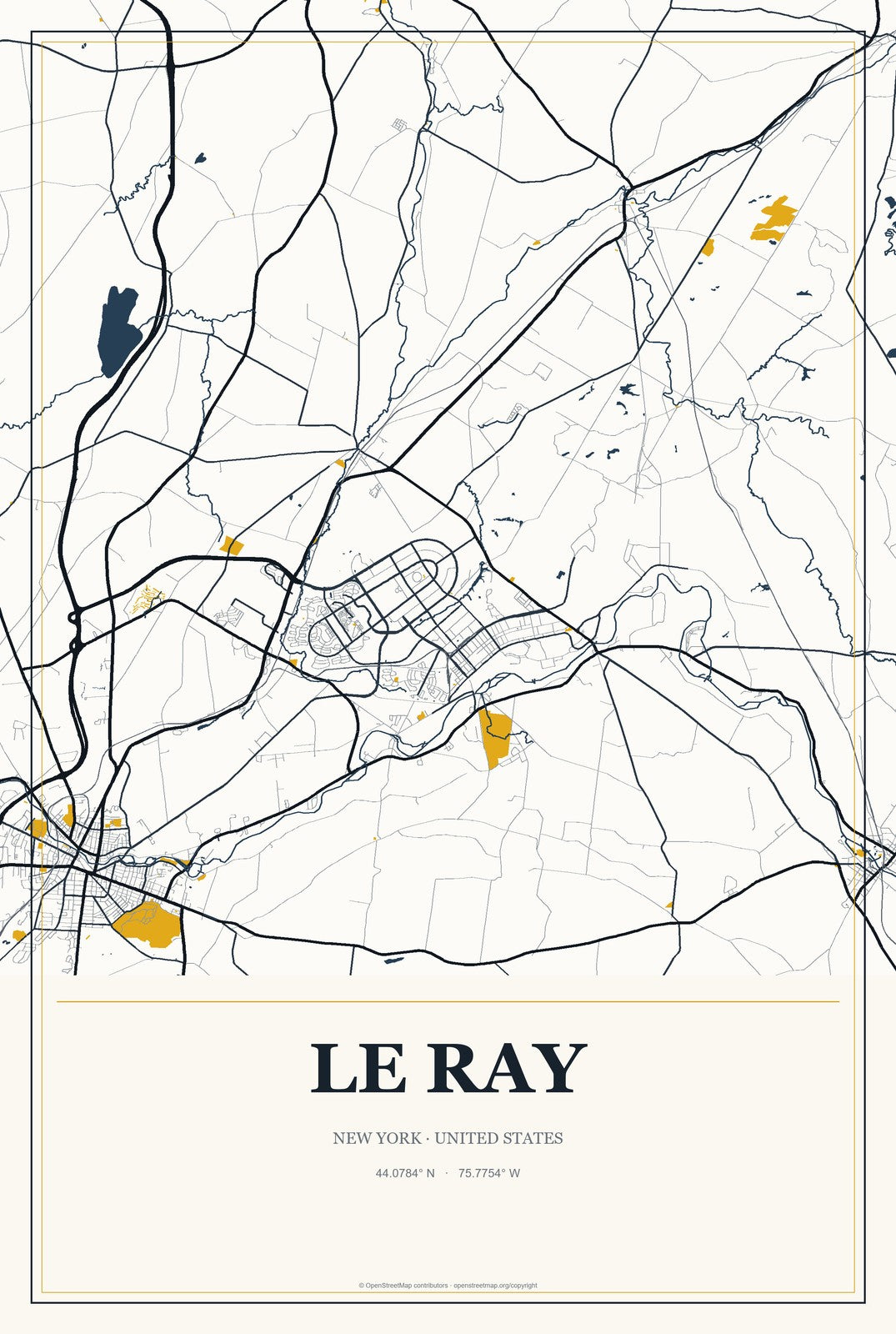 Le Ray, New York City Map Aluminum Sign in Citrine Modern style