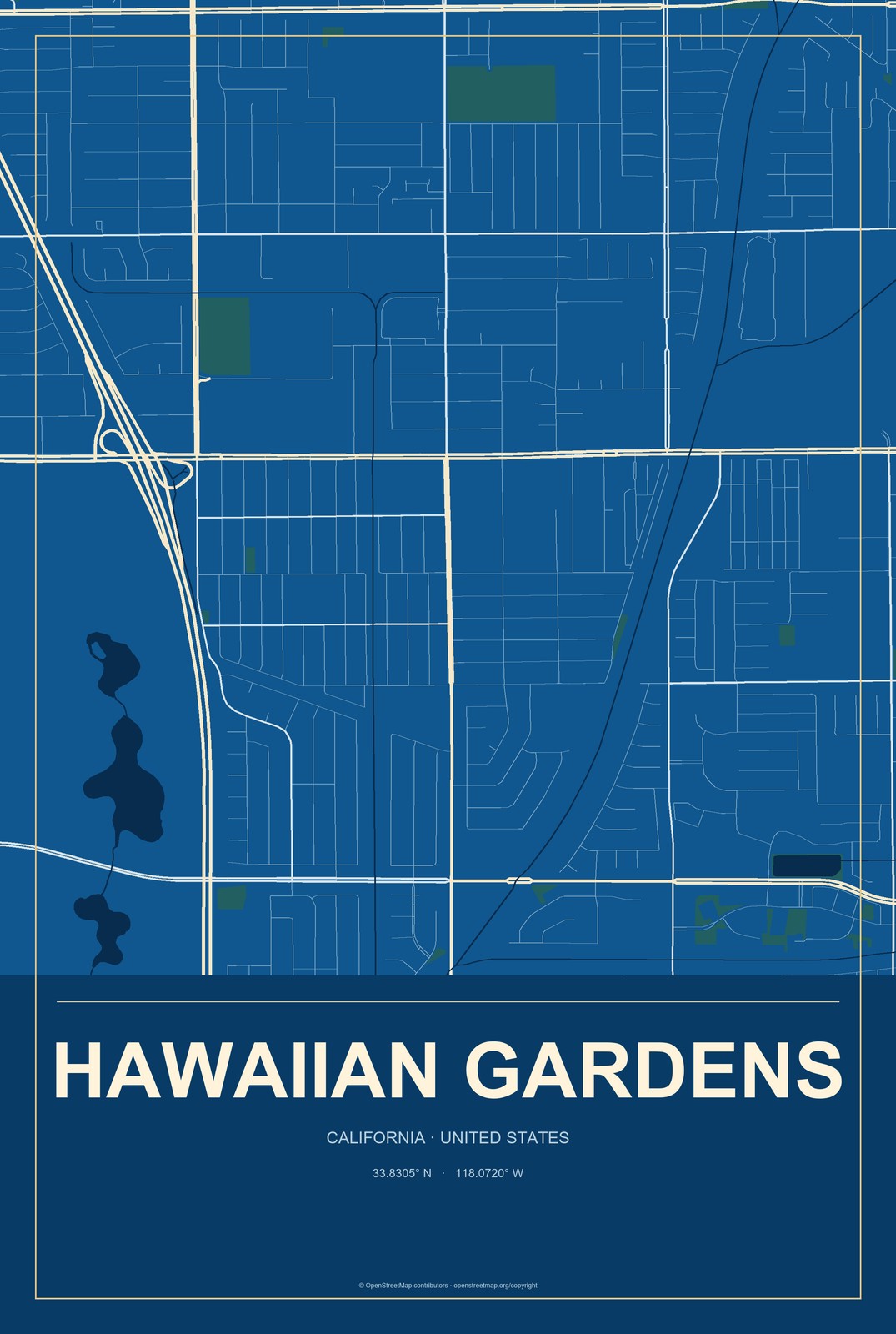 Hawaiian Gardens, California City Map Aluminum Sign in Harbor Cobalt style