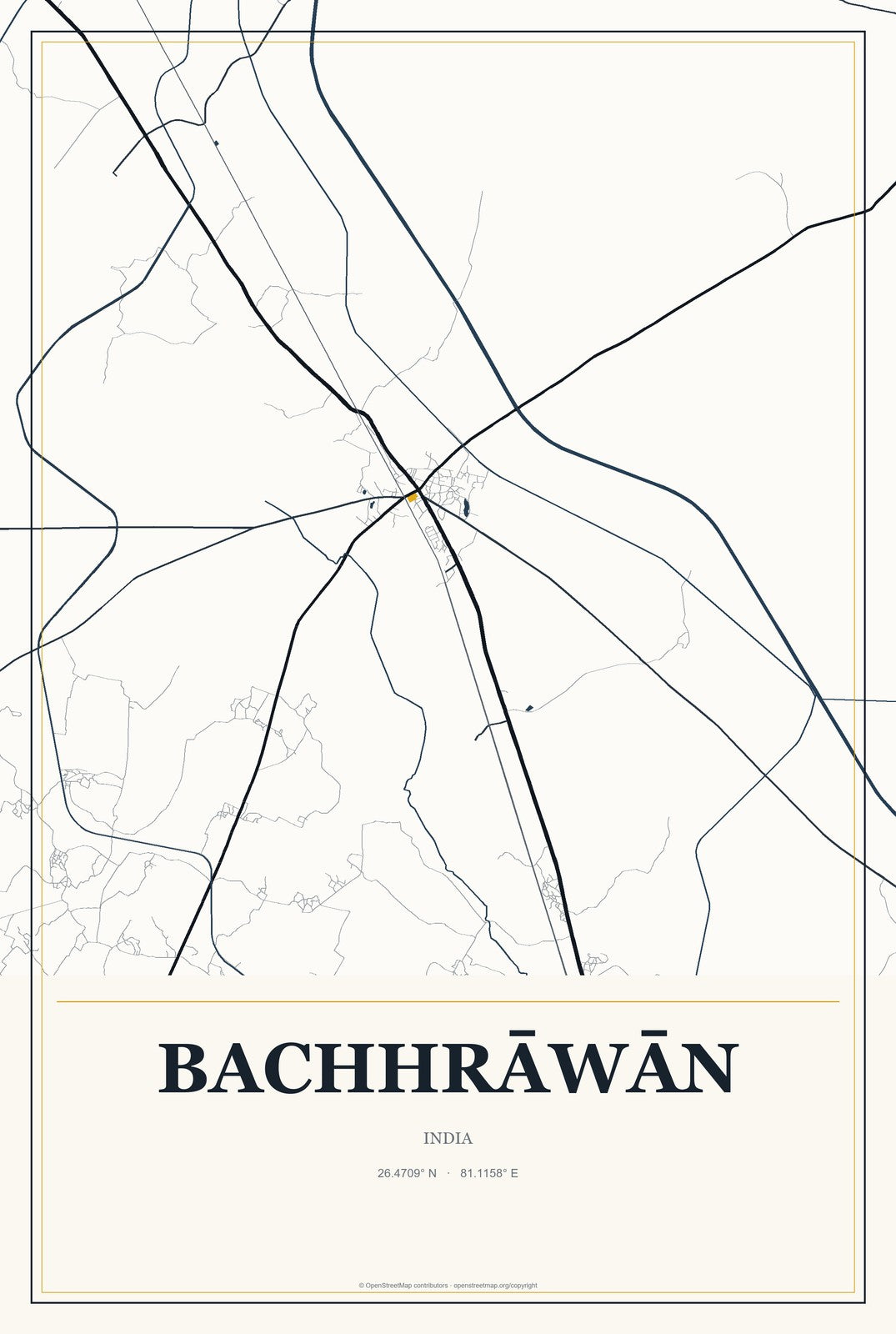 Bachhrāwān, India City Map Aluminum Sign in Citrine Modern style