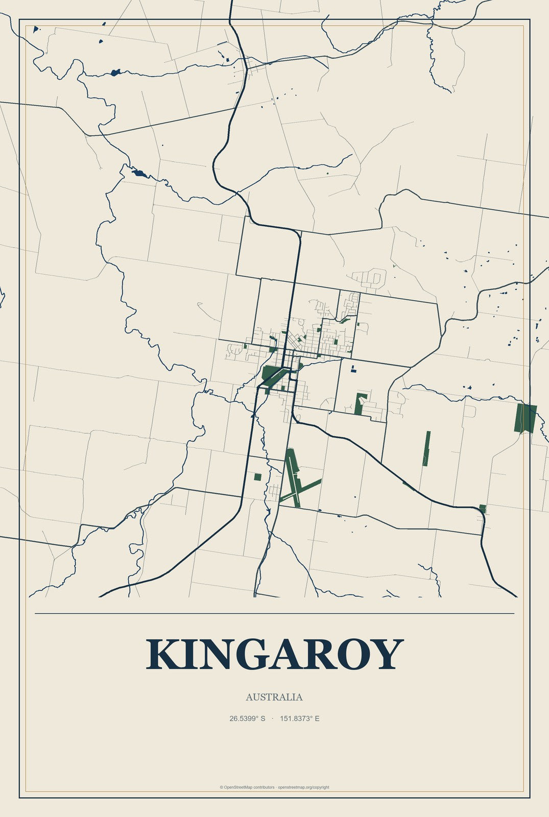 Kingaroy, Australia City Map Aluminum Sign in Coastal Cutout style