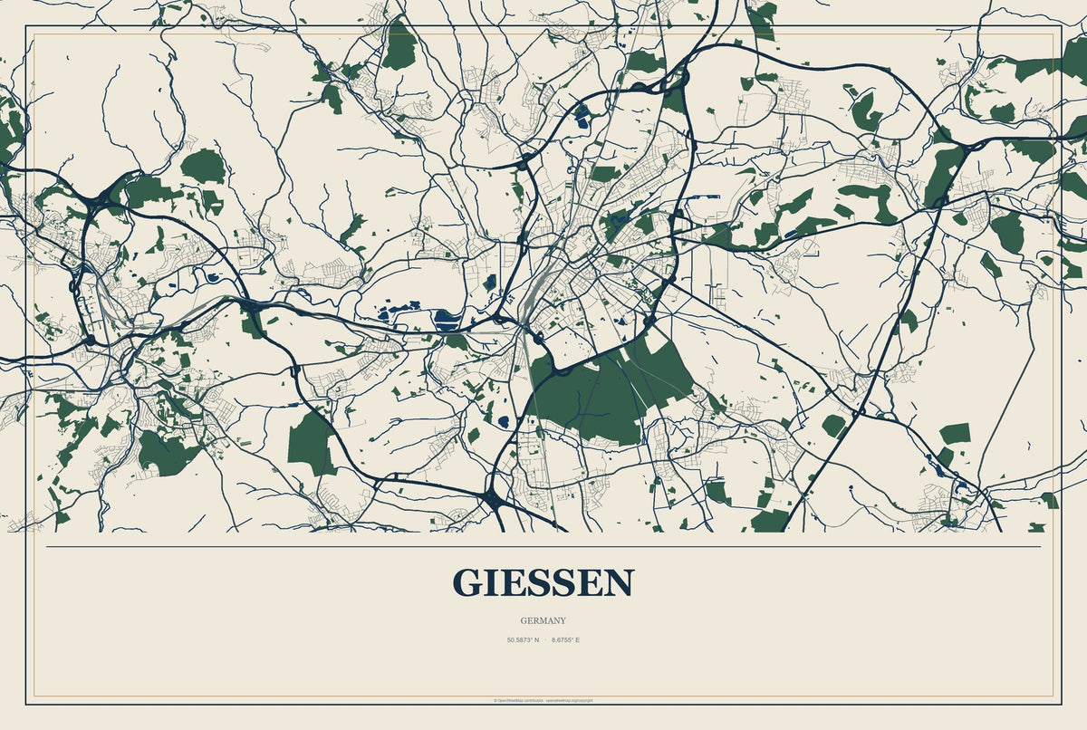 Gießen, Germany City Map Aluminum Sign in Coastal Cutout style