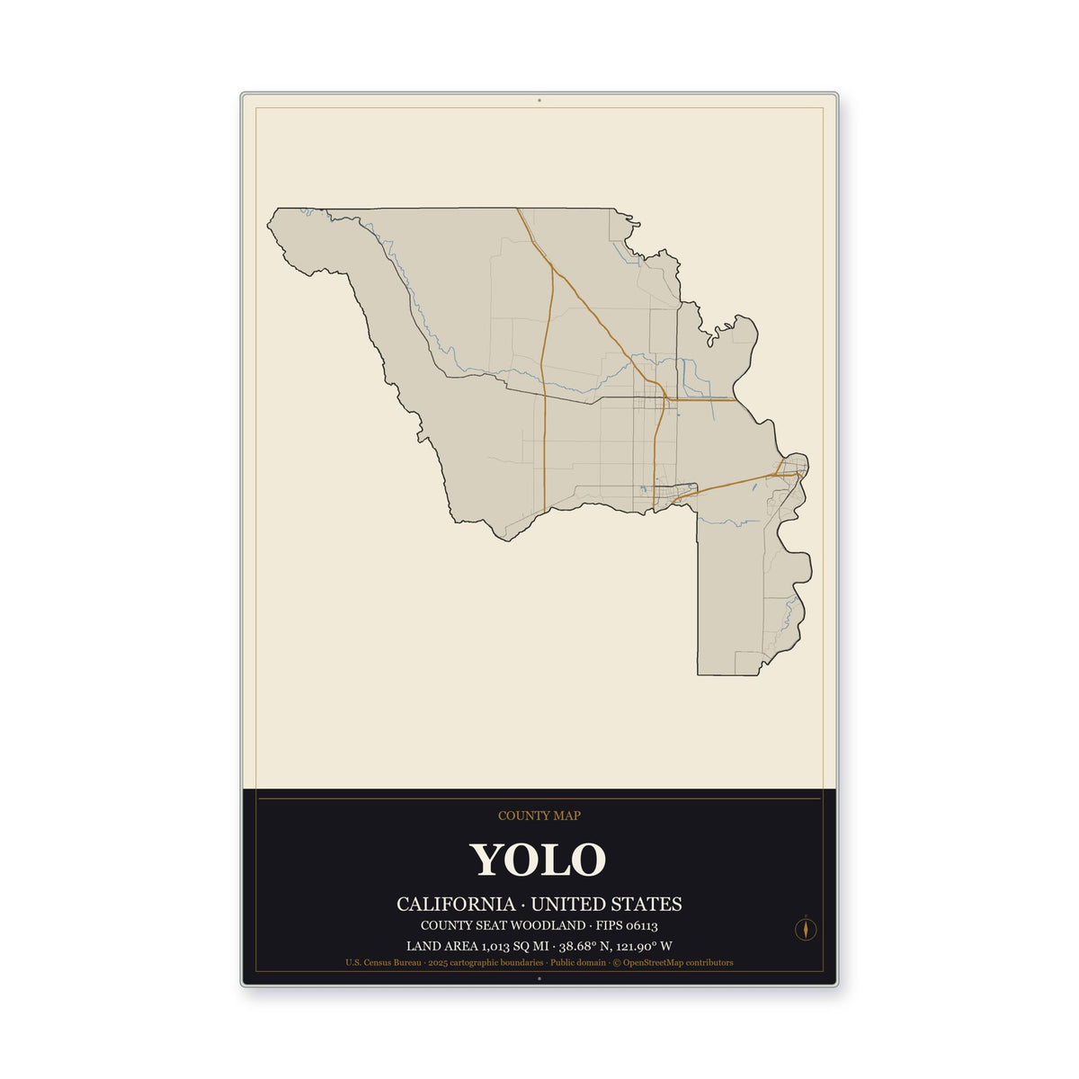Yolo County, California Map Aluminum Sign in Museum Plaque style