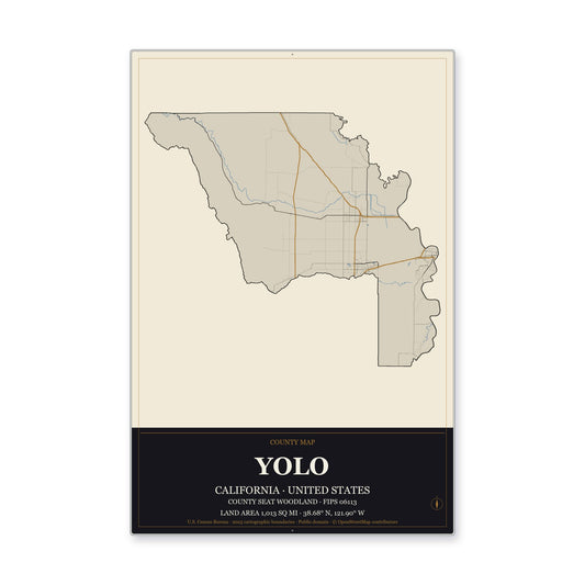 Yolo County, California Map Aluminum Sign in Museum Plaque style