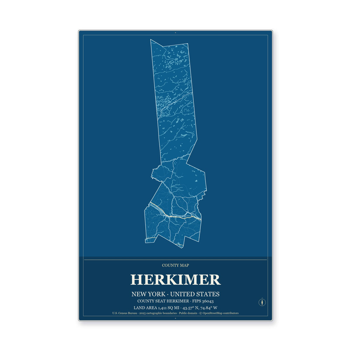 Herkimer County, New York Map Aluminum Sign in Harbor Cobalt style