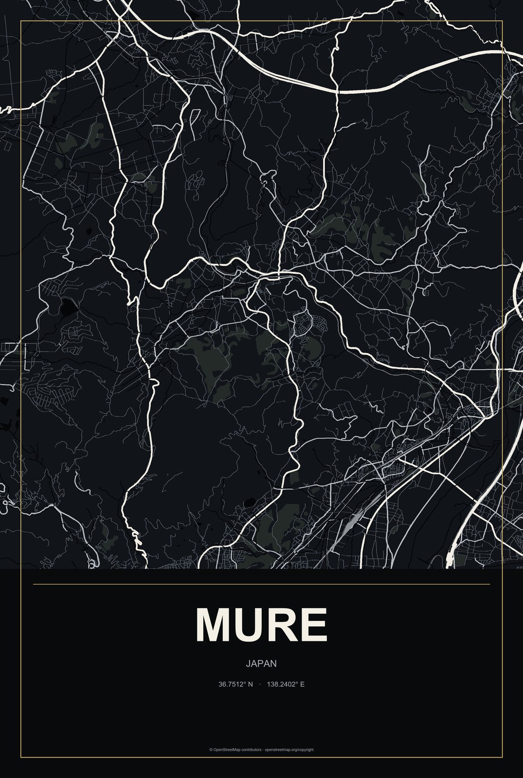 Mure, Japan City Map Aluminum Sign in Metropolitan Noir style