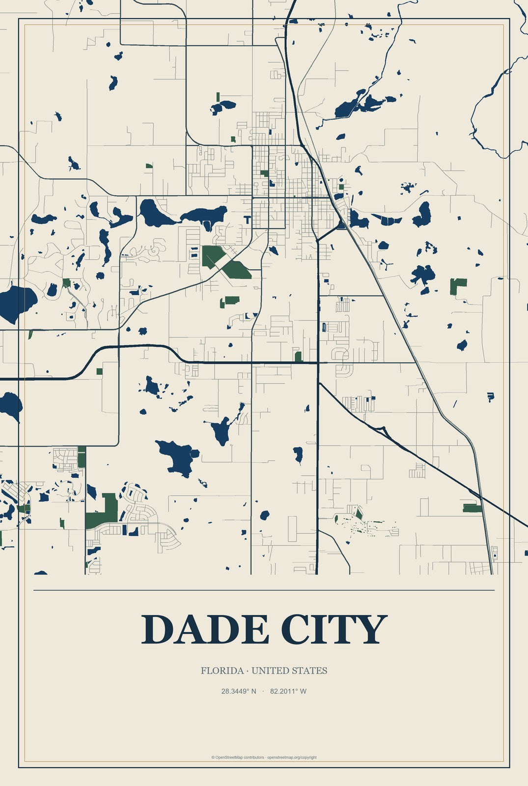 Dade City, Florida City Map Aluminum Sign in Coastal Cutout style