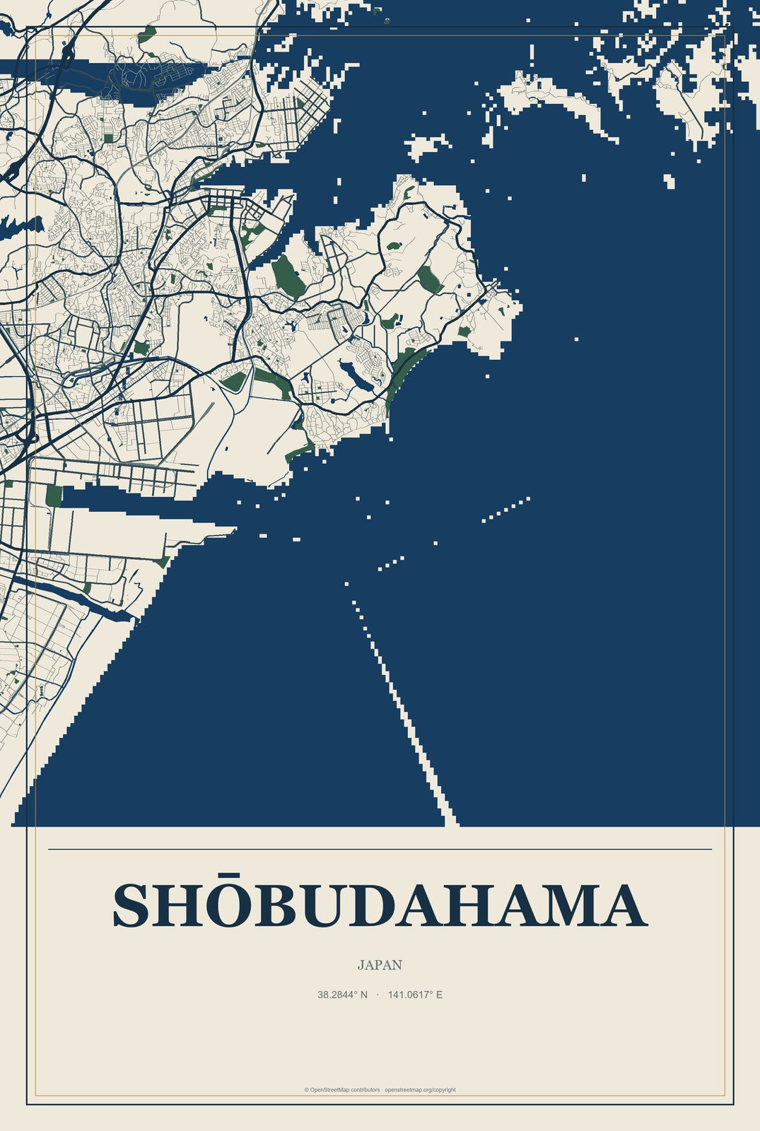 Shōbudahama, Japan City Map Aluminum Sign in Coastal Cutout style