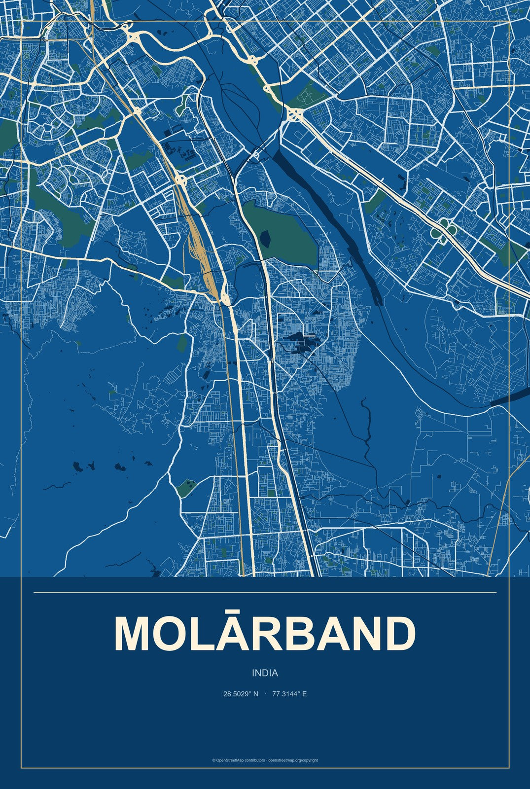 Molārband, India City Map Aluminum Sign in Harbor Cobalt style