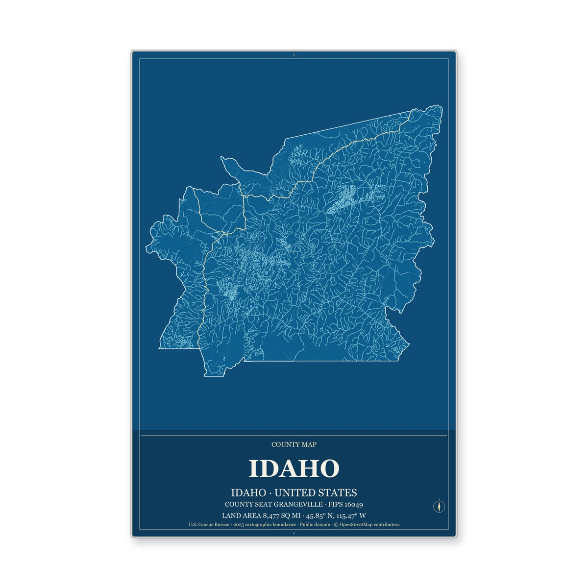Idaho County, Idaho Map Aluminum Sign in Harbor Cobalt style